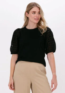 Schwarze Summum Top Top Single Jersey Broderie Mix