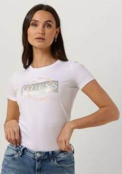 Weiße Guess T-shirt Ss Cn Round Logo Tee